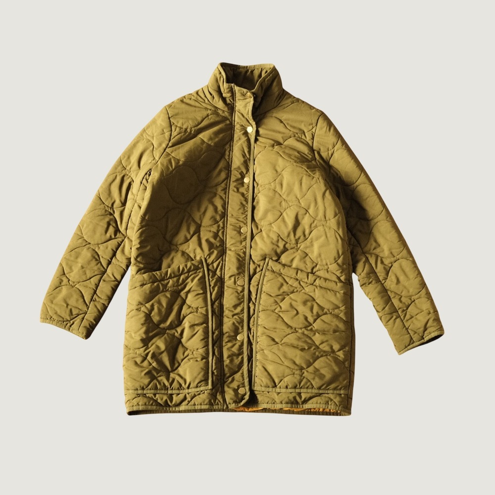 J.Crew Quilted Cocoon Puffer Jacket Olive Green PrimaLoft Wavy Quilting Small S